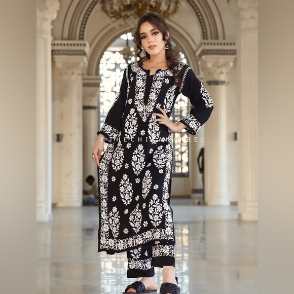 Chikankari Design, Black Color Kurti With Pant in Georgette With Embroidery Work - Picture 1 of 5